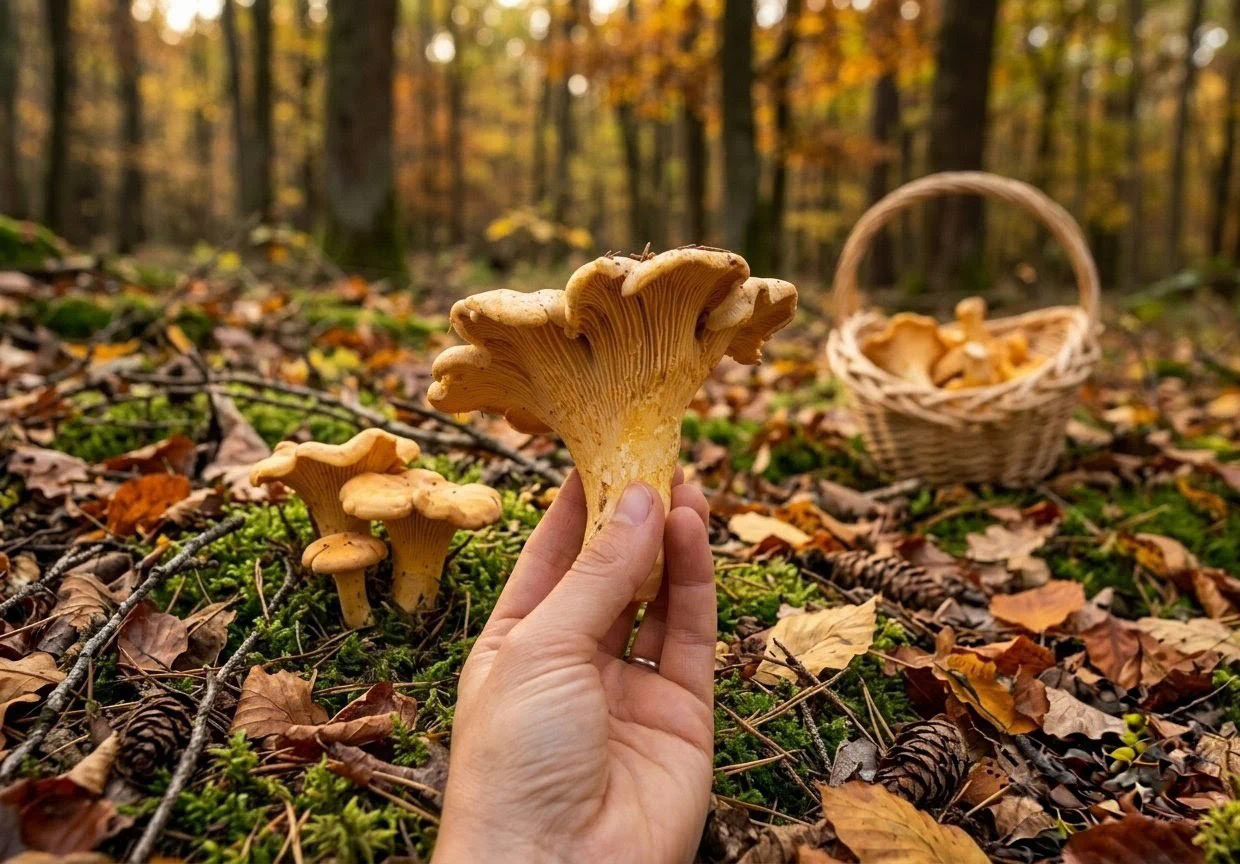 A hand holding a golden chanterelle picked from the mossy forest floor, more growing nearby and a basket of them behind