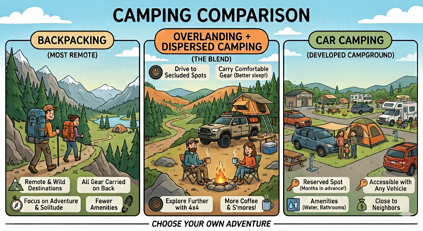 A dispersed campsite in a PNW conifer forest with a rooftop tent deployed and camp chairs set out in a clearing