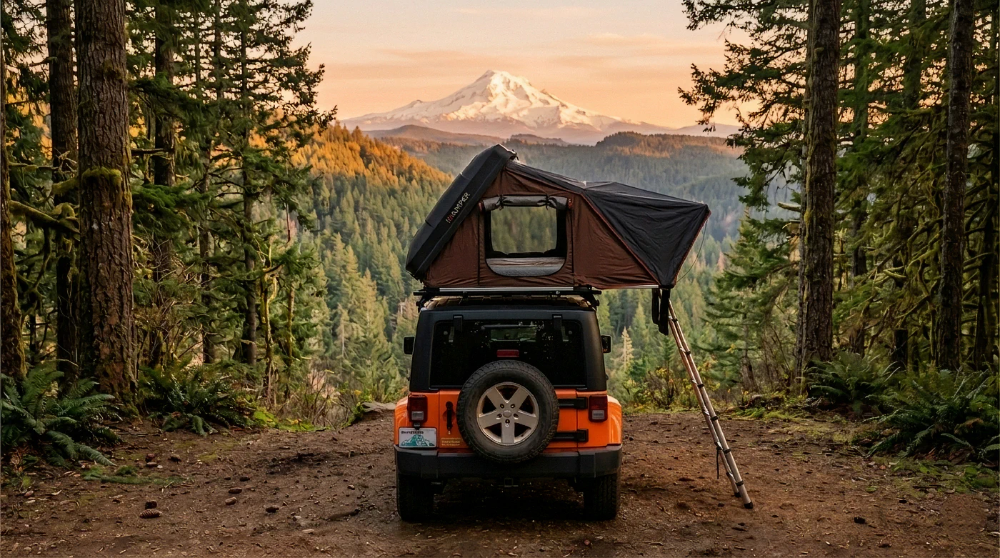Jeep with rooftop tent overlooking a snow-capped Cascade peak at golden hour on a PNW forest road